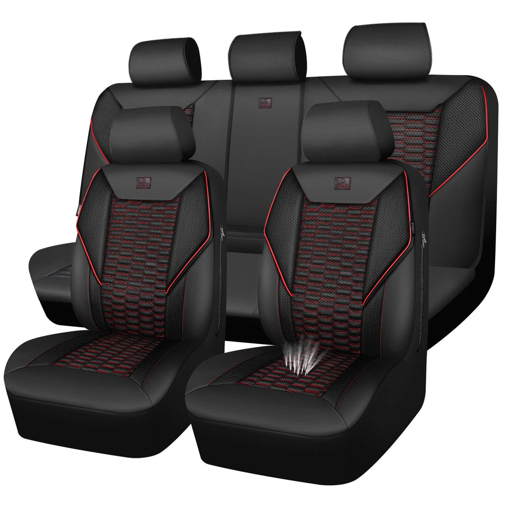 3D Foam Mesh Faux Leather Car Seat Covers Full Set, Black and Red N679