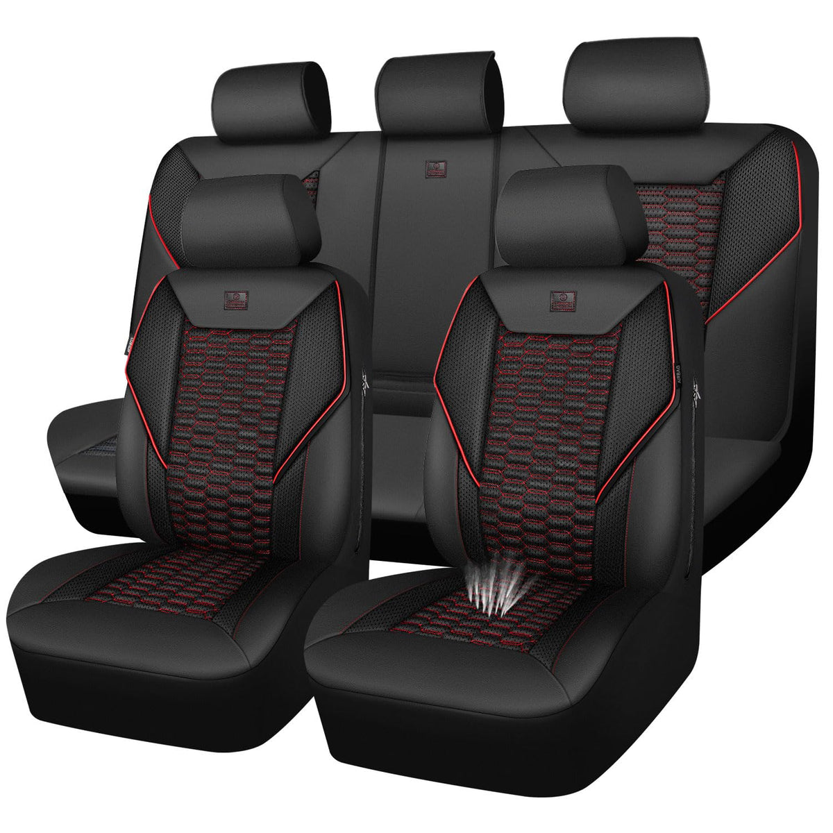 3D Foam Mesh Faux Leather Car Seat Covers Full Set, Black and Red N679