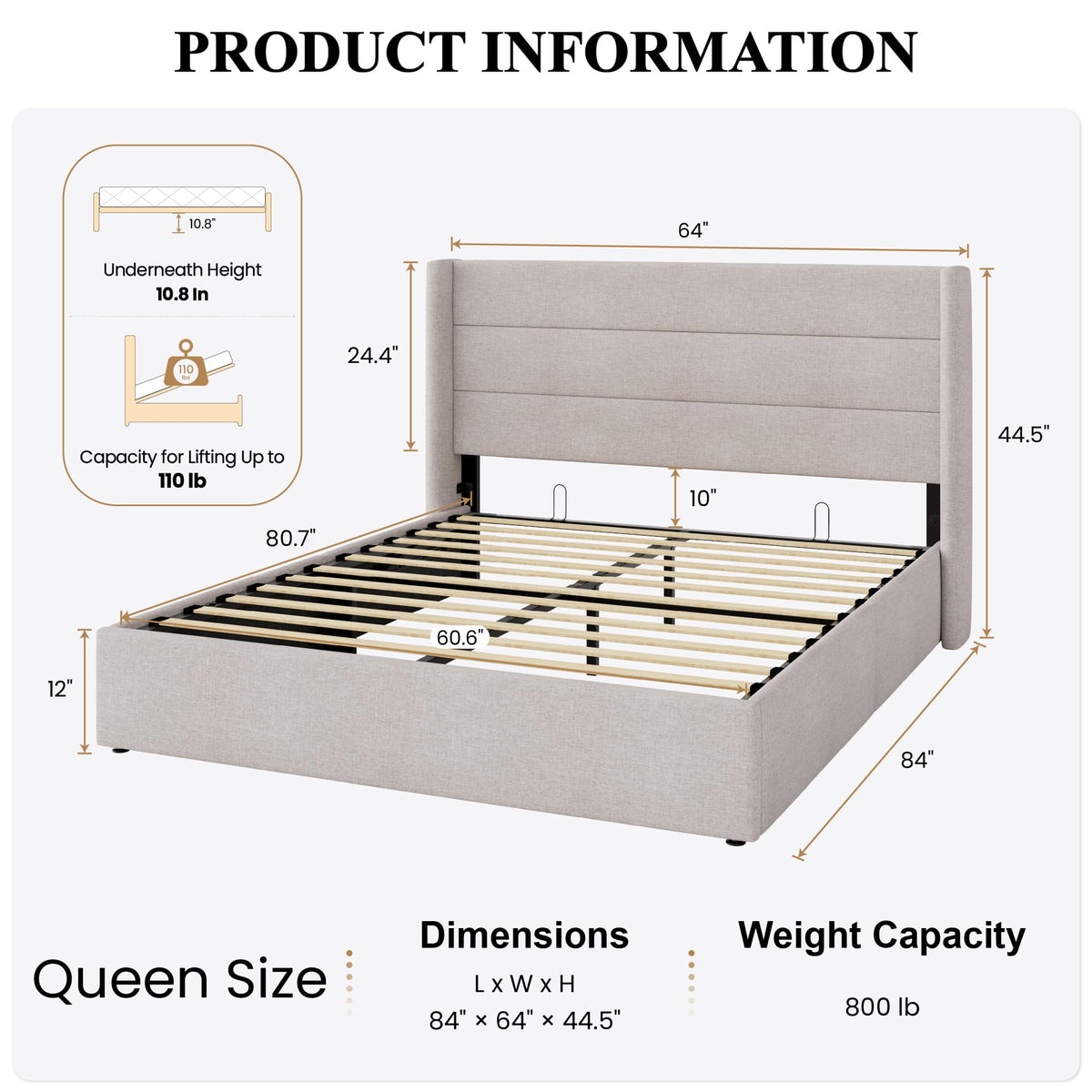 Queen Size Lift Up Hydraulic Storage Bed Frame Light Beige D14366