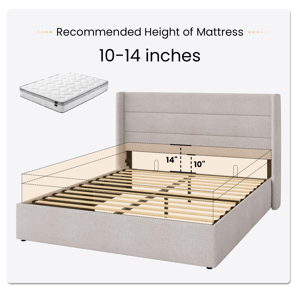 Queen Size Lift Up Hydraulic Storage Bed Frame Light Beige D14366