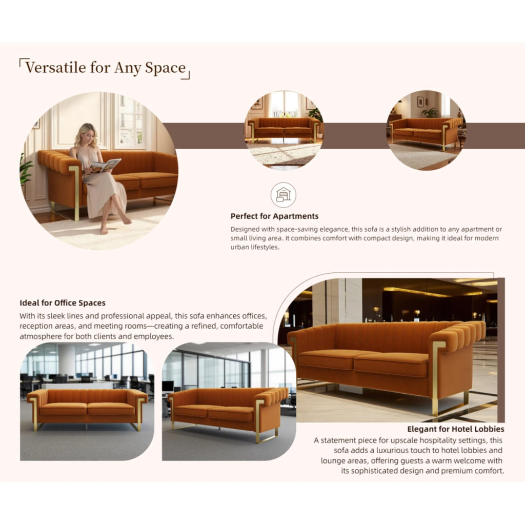 Orange Velvet Channel Tufted Sofa with Gold Metal Legs I129