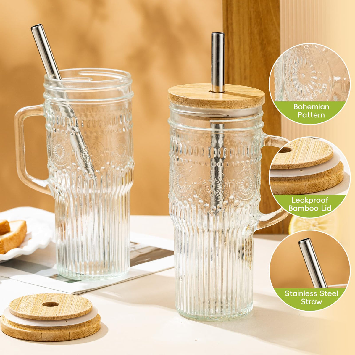 24 oz Glass Tumbler with Bamboo Lid and Handle R8514