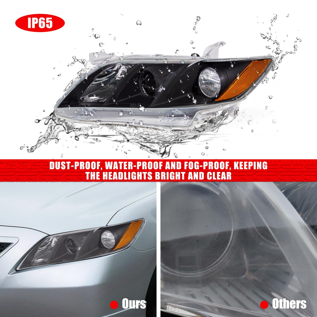 Compatible with 2007-2009 Toyota Camry Headlights Assembly Black Housing Amber Reflectors Left and Right Pairs B84523