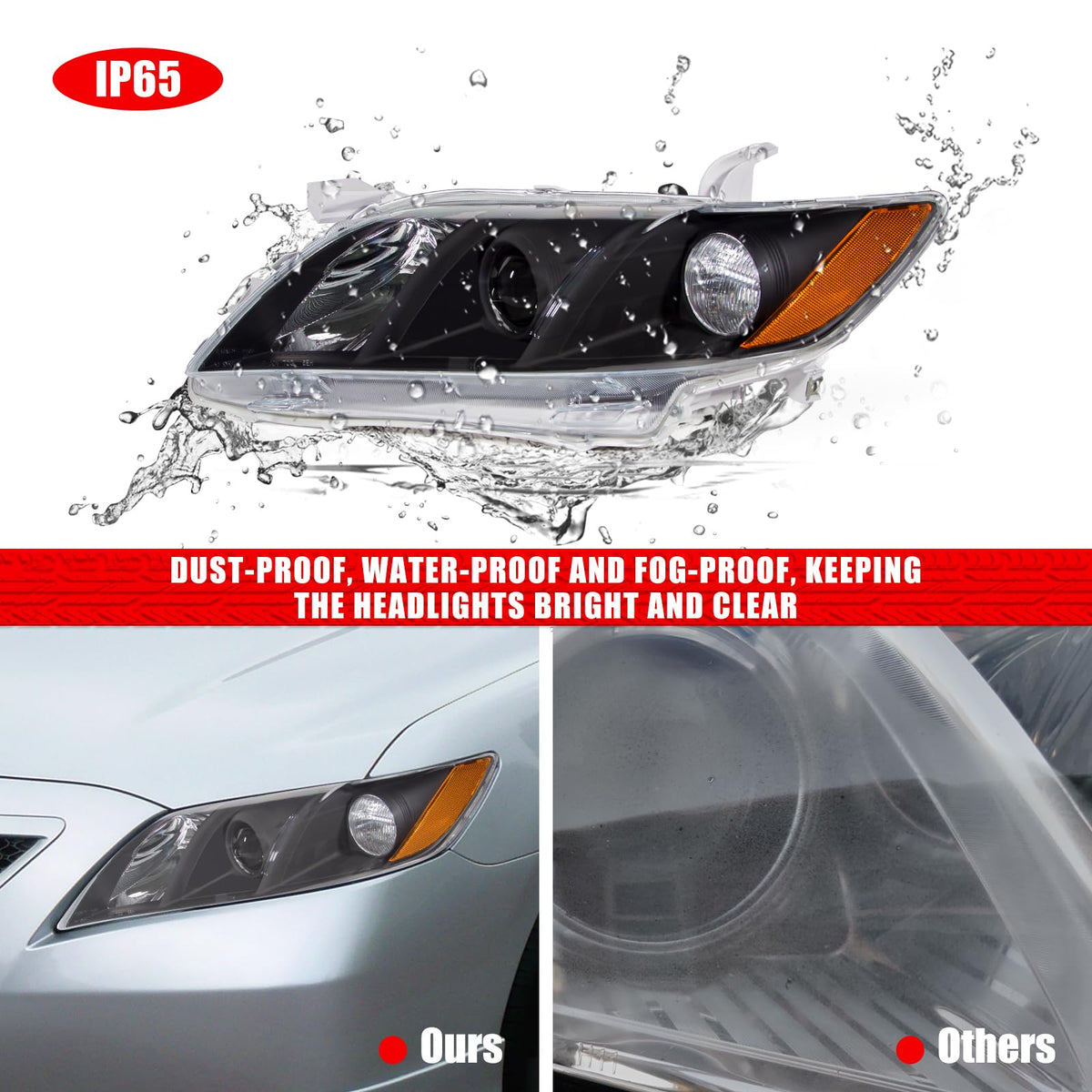 Compatible with 2007-2009 Toyota Camry Headlights Assembly Black Housing Amber Reflectors Left and Right Pairs B84523