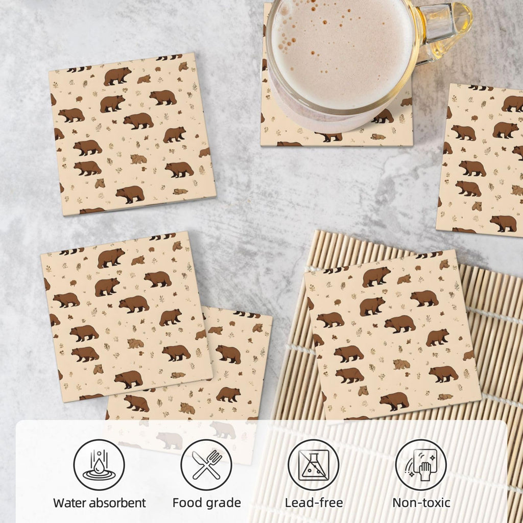 Square Cartoon Bear Ceramic Coasters Set of 6 W900972