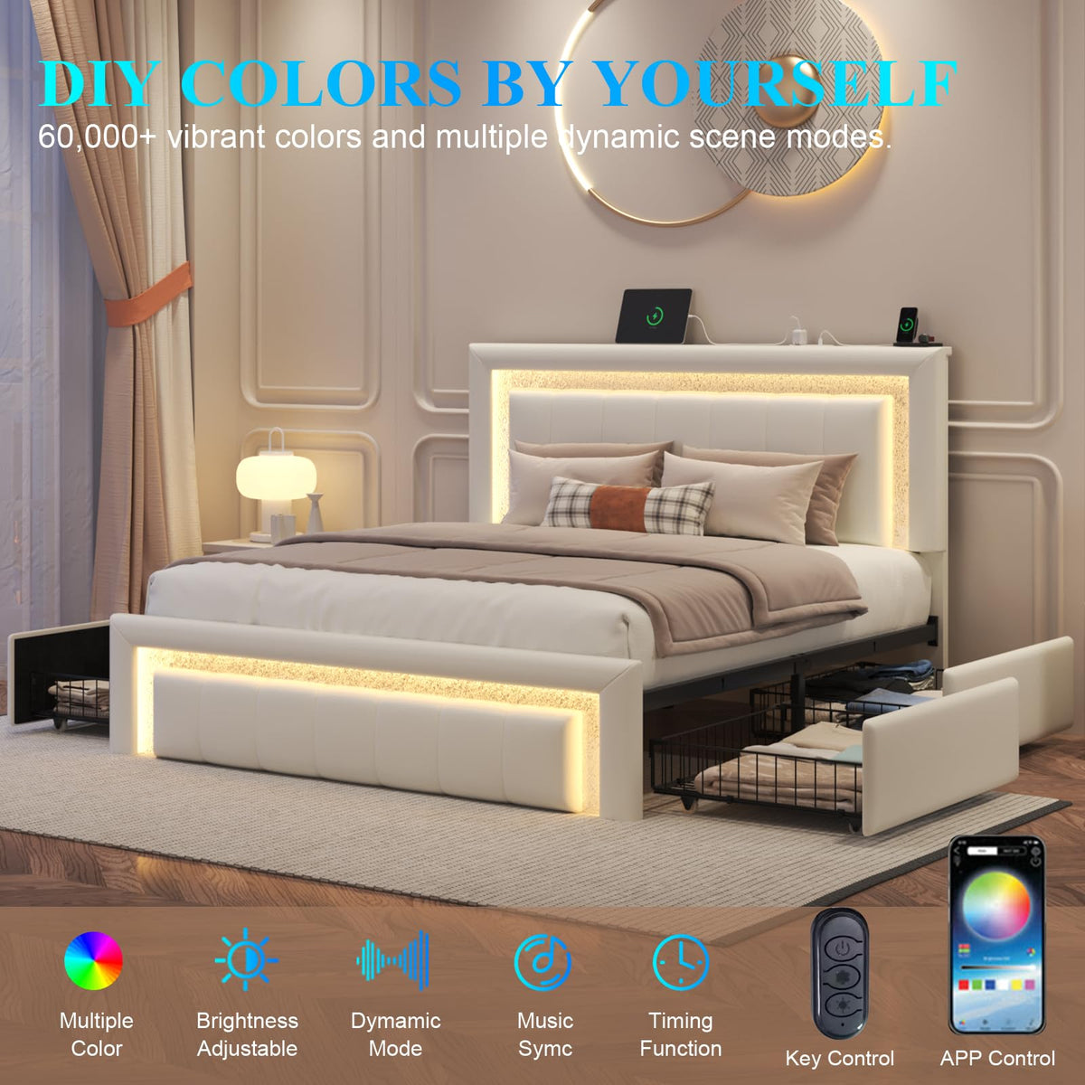 White Upholstered Full Bed Frame with Storage Drawers J9013