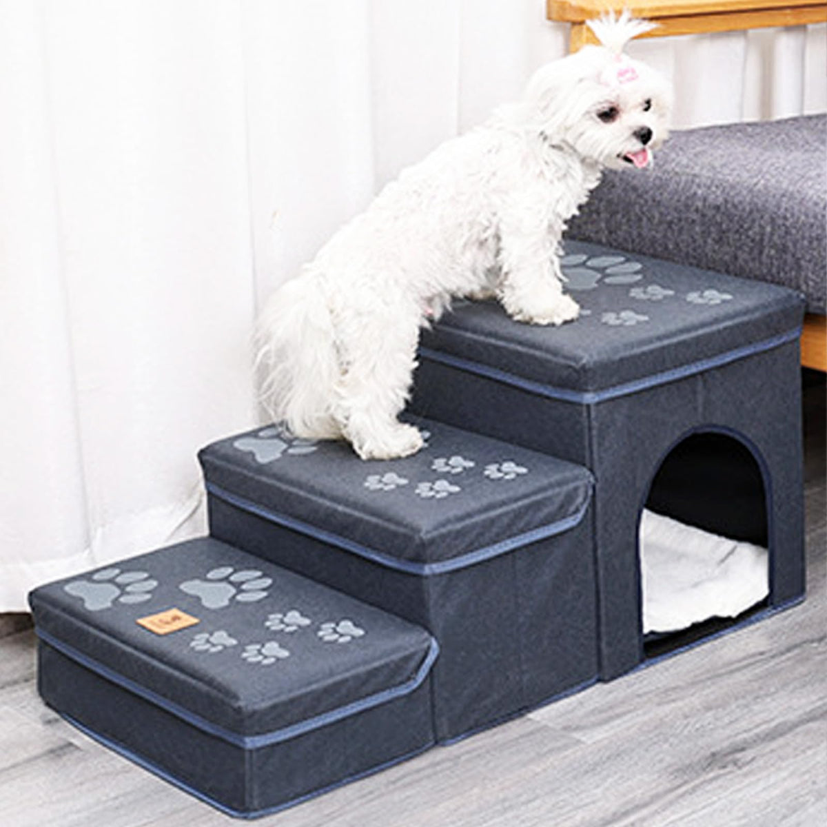 Folding Pet Ramp with Storage, Non Slip Dog Stairs, Grey M47800