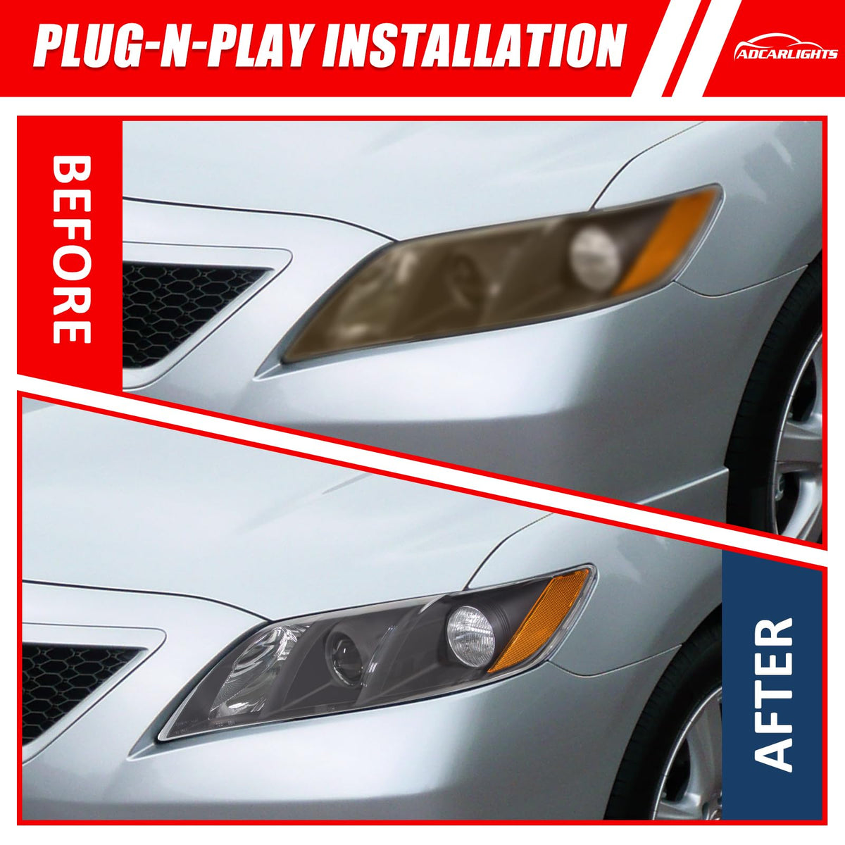 Compatible with 2007-2009 Toyota Camry Headlights Assembly Black Housing Amber Reflectors Left and Right Pairs B84523