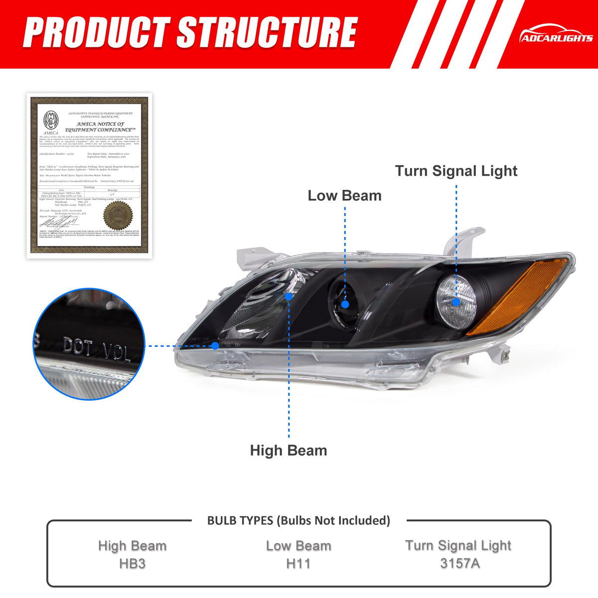 Compatible with 2007-2009 Toyota Camry Headlights Assembly Black Housing Amber Reflectors Left and Right Pairs B84523