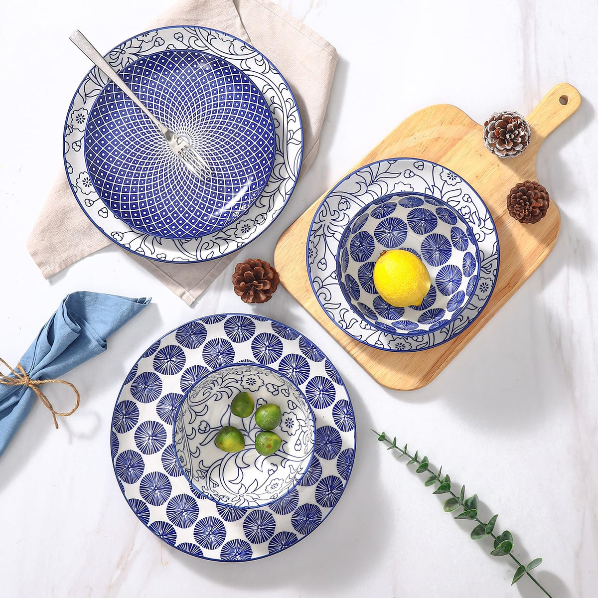 Ceramic Plates and Bowls Set, 12 Pieces Dinnerware Set for 4 K995