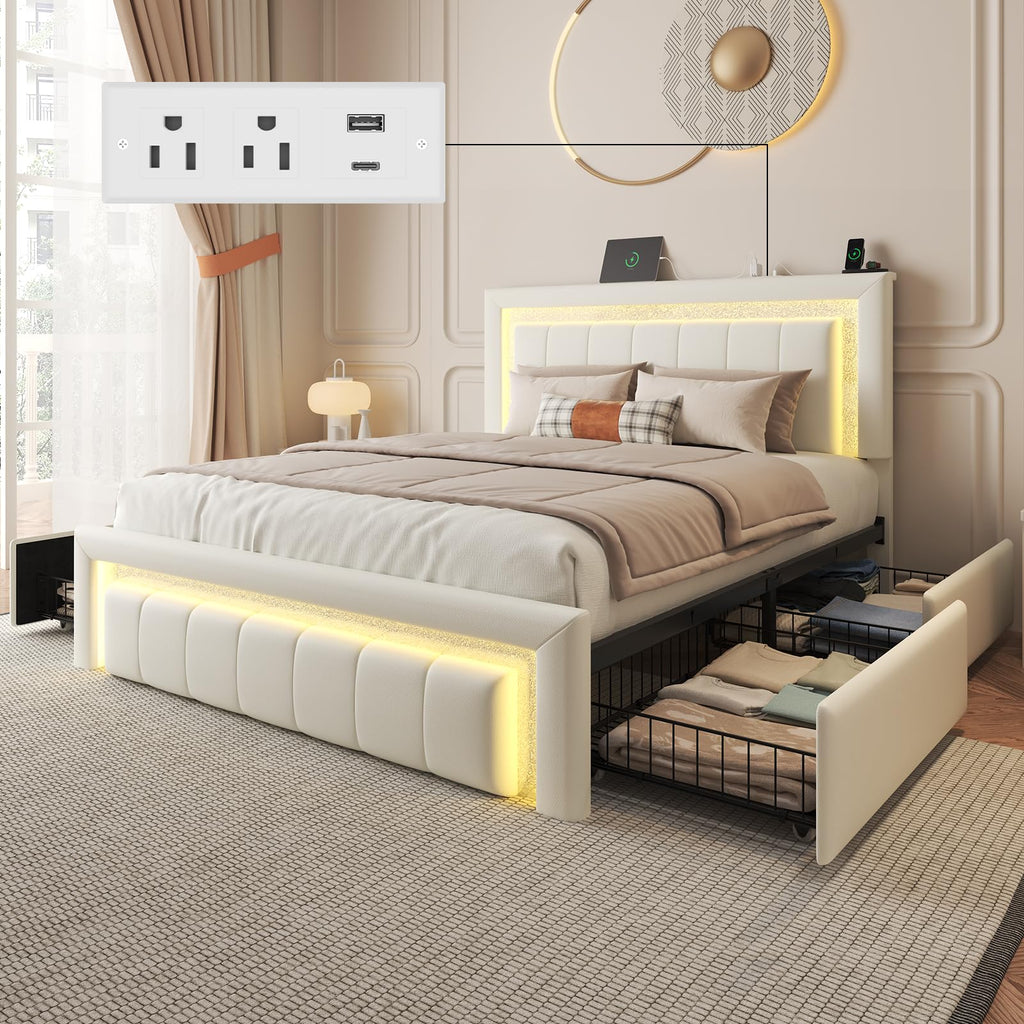 White Upholstered Full Bed Frame with Storage Drawers J9013