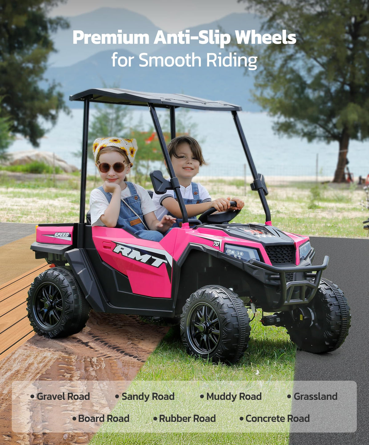 24V 2 Seater Ride on Car with Sun Shade Dump Bed Shovel Hot Pink K490
