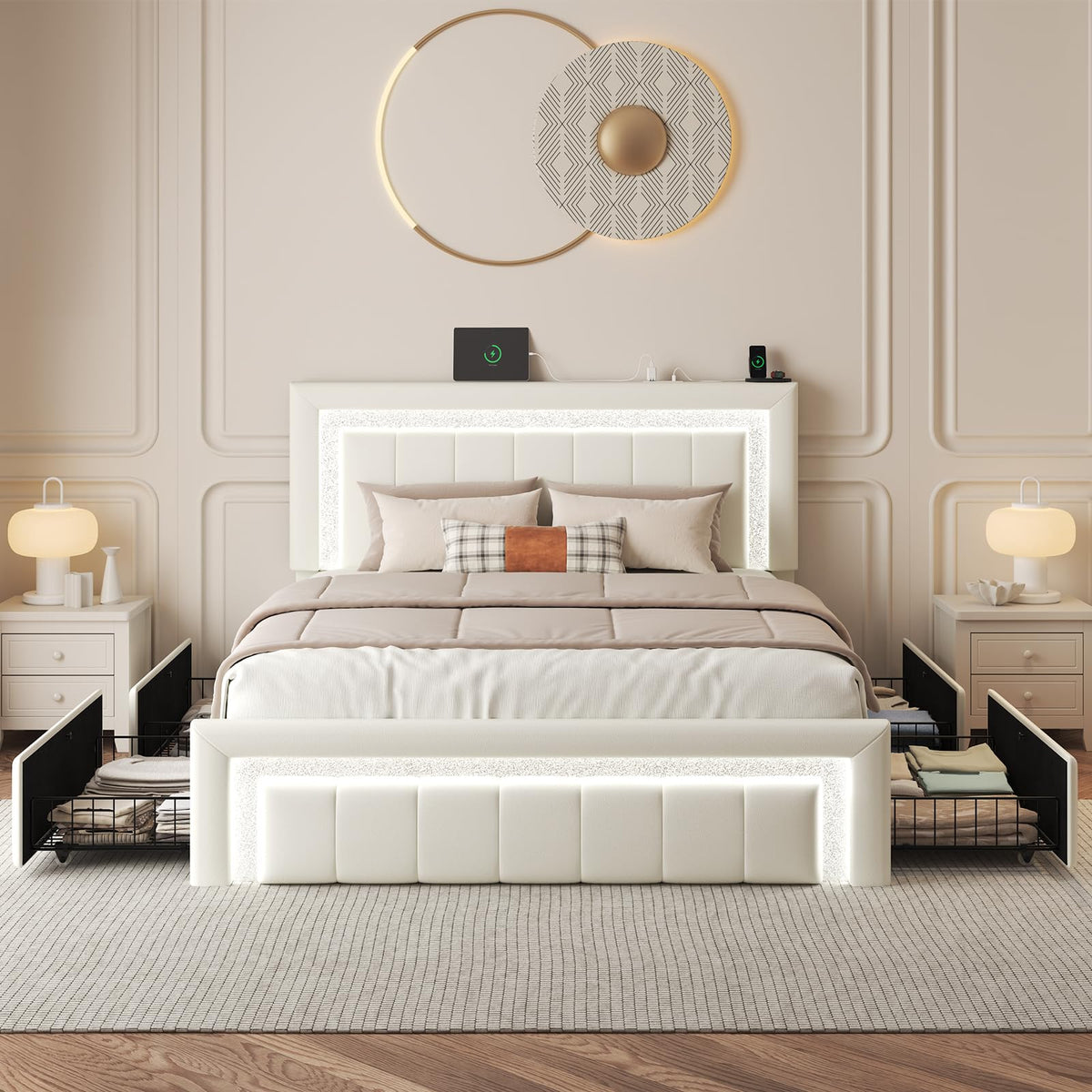 White Upholstered Full Bed Frame with Storage Drawers J9013