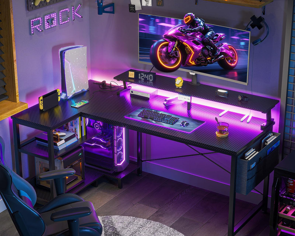 48 Inch L Shaped Gaming Desk with LED Lights and Power Outlets T940144