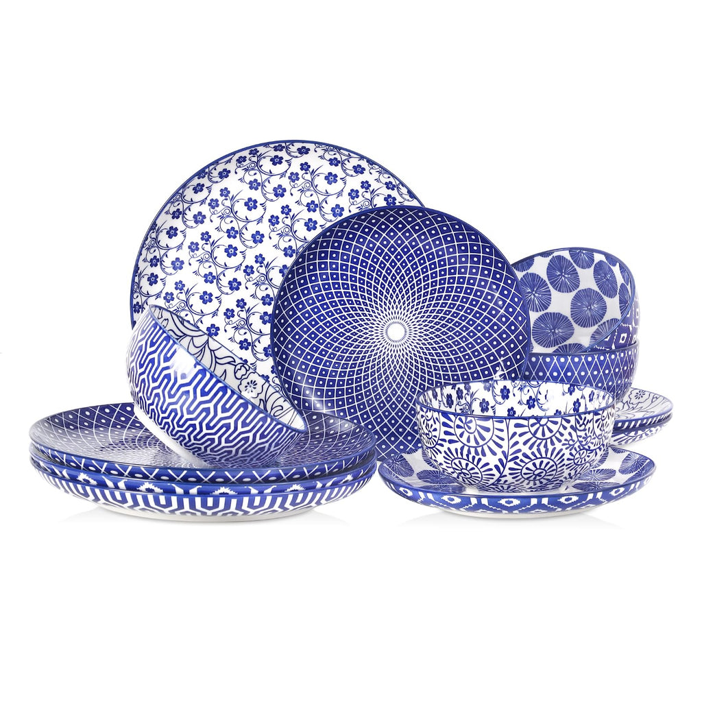 Ceramic Plates and Bowls Set, 12 Pieces Dinnerware Set for 4 K995