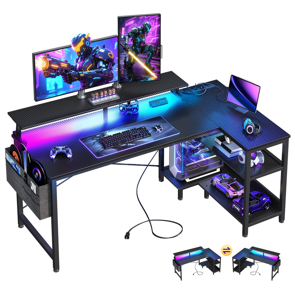 48 Inch L Shaped Gaming Desk with LED Lights and Power Outlets T940144