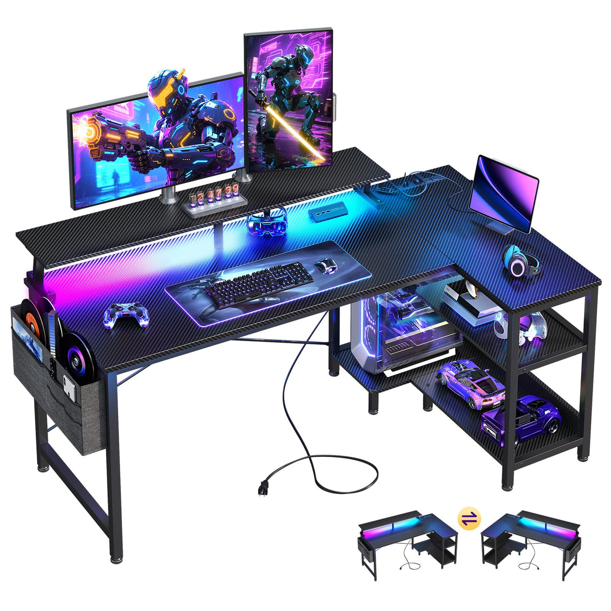 48 Inch L Shaped Gaming Desk with LED Lights and Power Outlets T940144