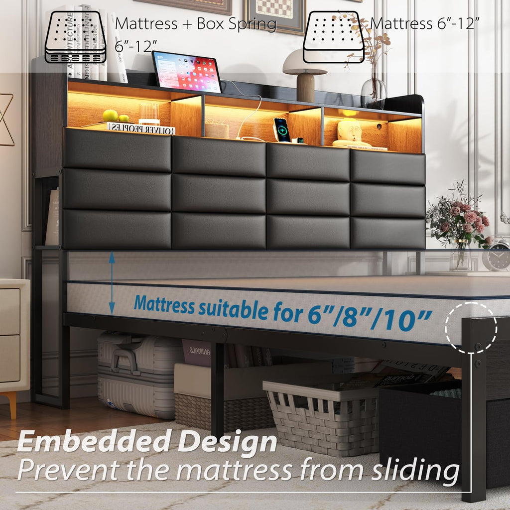Black Upholstered Bed Frame with Storage Headboard, 4 Drawers, LED Lights, and Charging Station F4680
