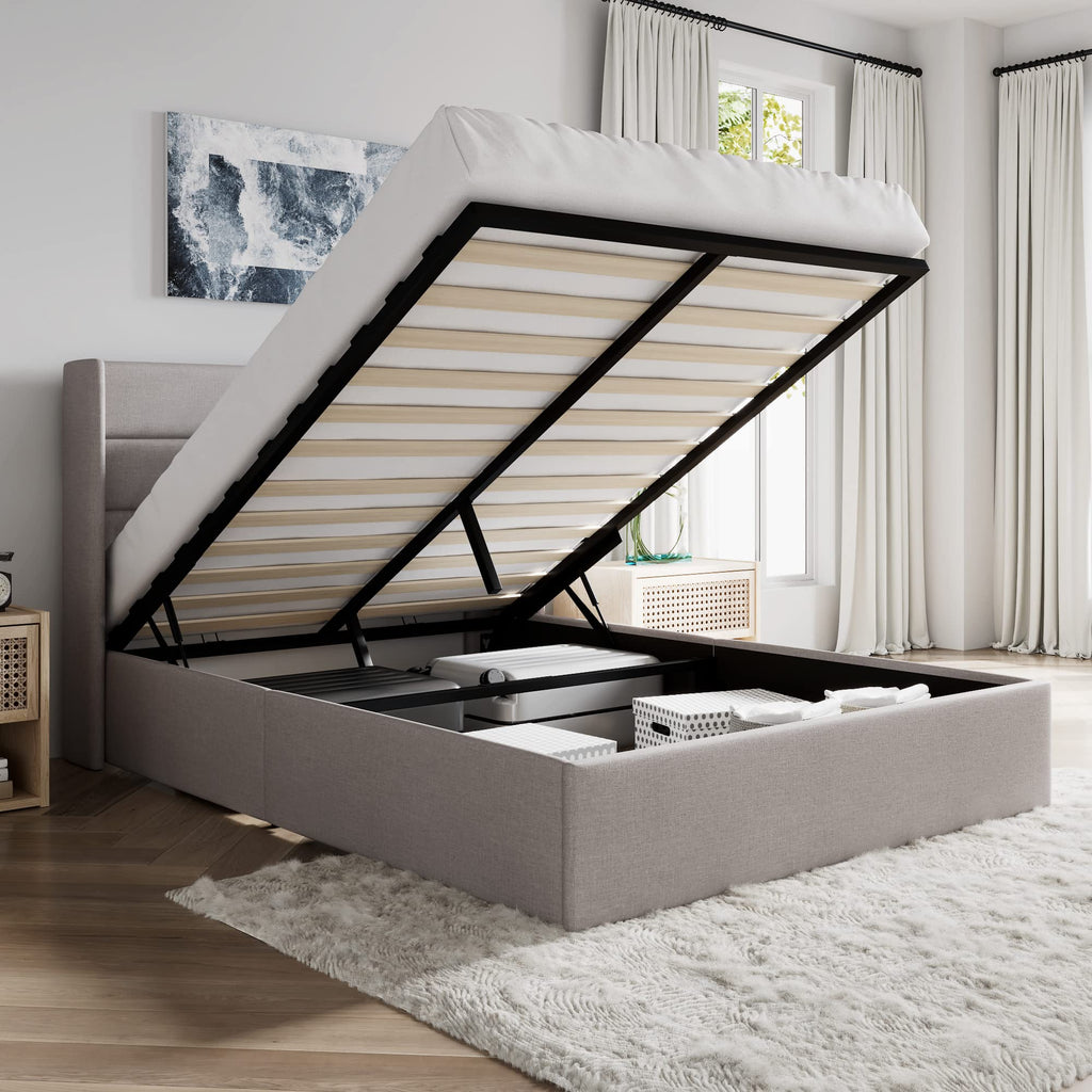 Queen Size Lift Up Hydraulic Storage Bed Frame Light Beige D14366