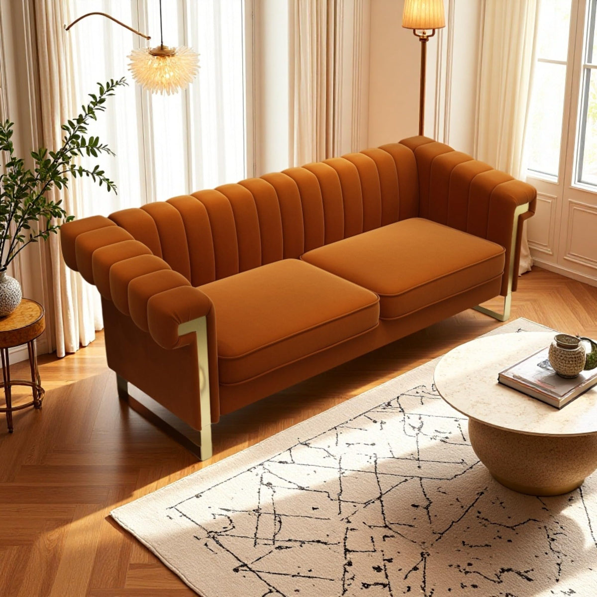 Orange Velvet Channel Tufted Sofa with Gold Metal Legs I129