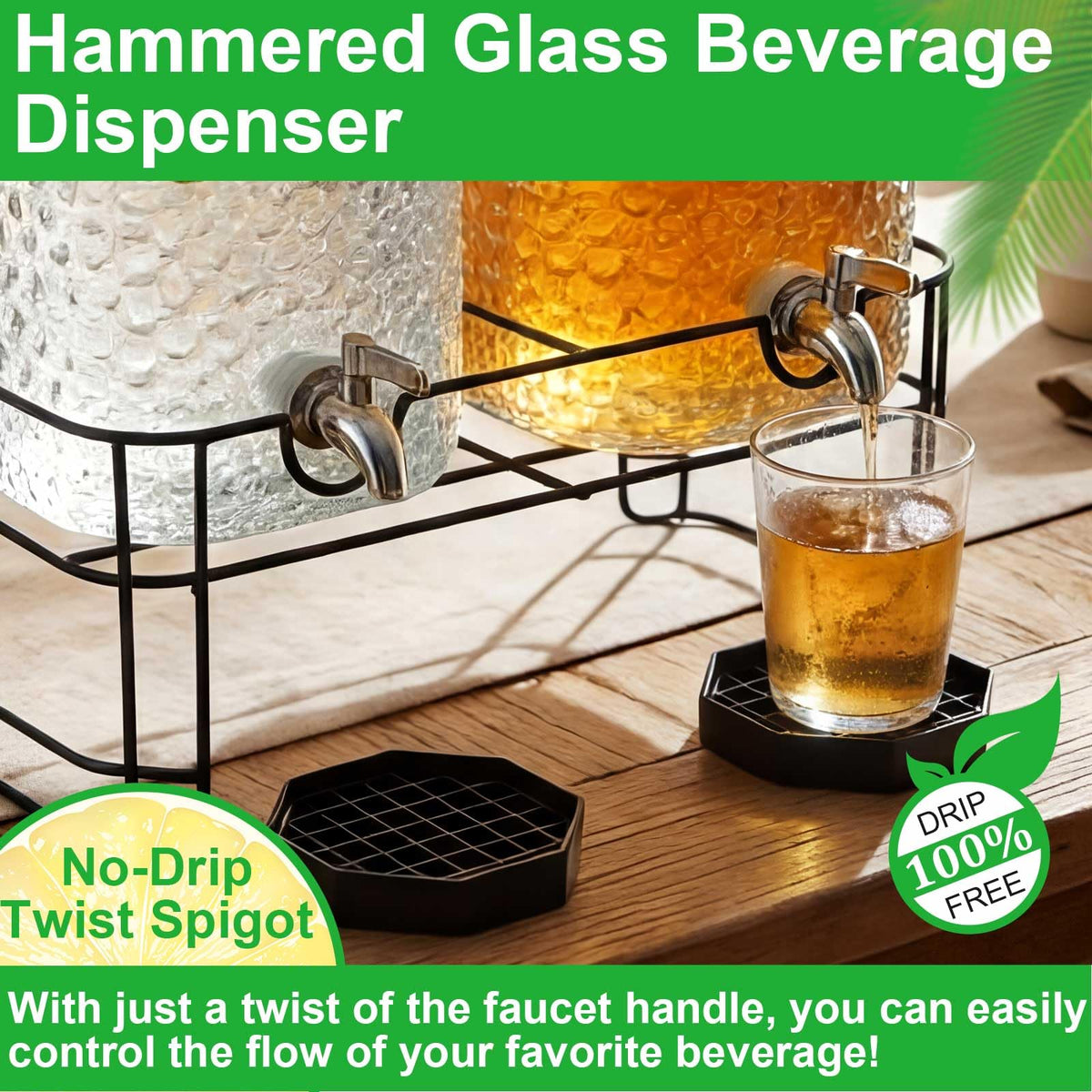 2 Pack 5 Gallon Hammered Glass Drink Dispenser with Stand A2687