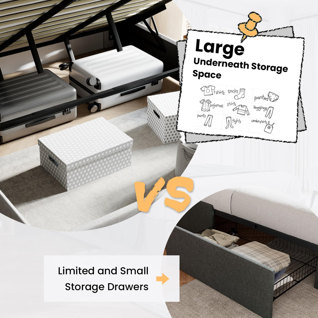 Queen Size Lift Up Hydraulic Storage Bed Frame Light Beige D14366