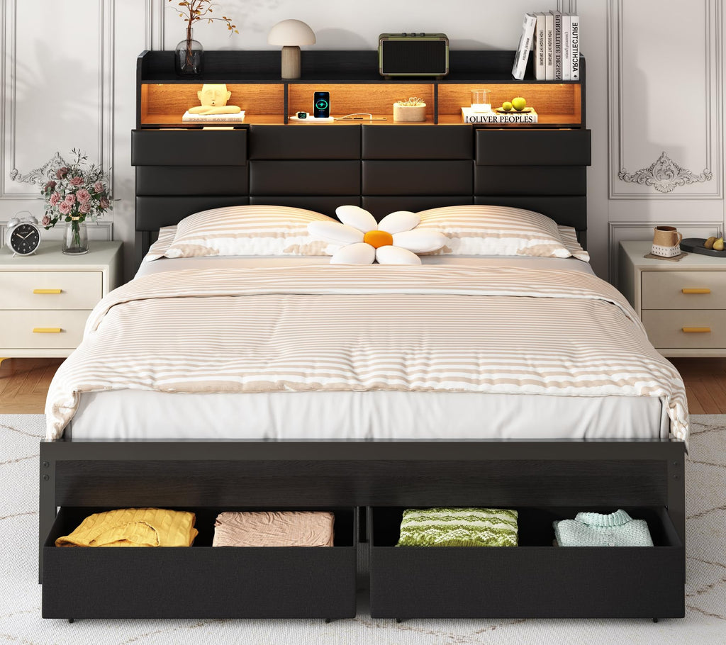 Black Upholstered Bed Frame with Storage Headboard, 4 Drawers, LED Lights, and Charging Station F4680