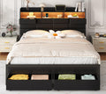 Black Upholstered Bed Frame with Storage Headboard, 4 Drawers, LED Lights, and Charging Station F4680