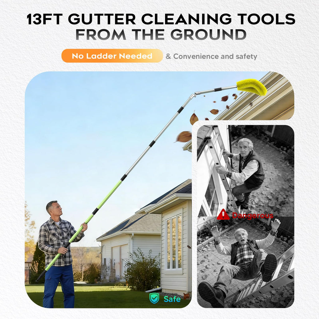 13ft Gutter Cleaning Tools with Replaceable Brush Rake Scoop, 180° Adjustable Angle, Yellow J6773