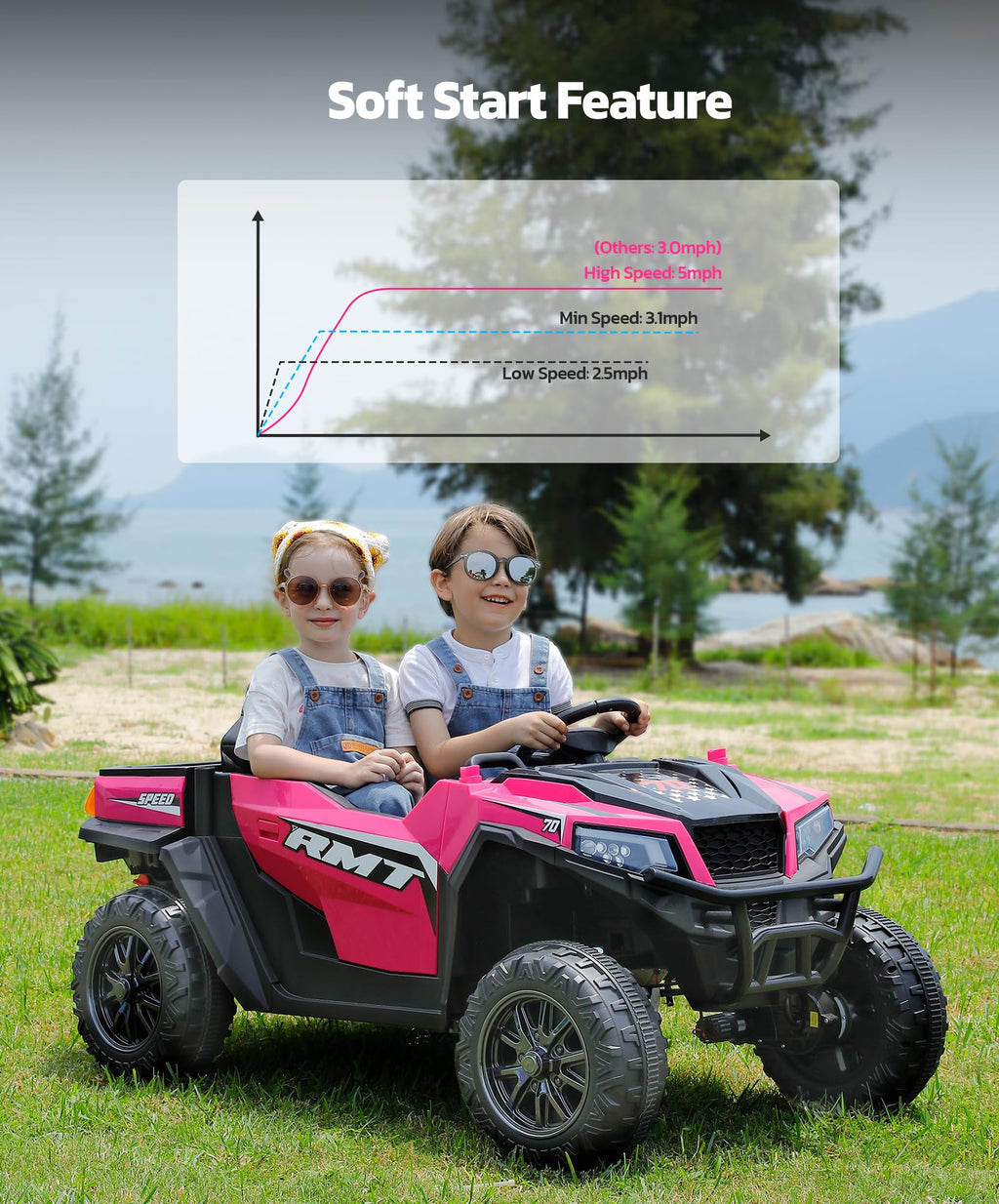 24V 2 Seater Ride on Car with Sun Shade Dump Bed Shovel Hot Pink K490