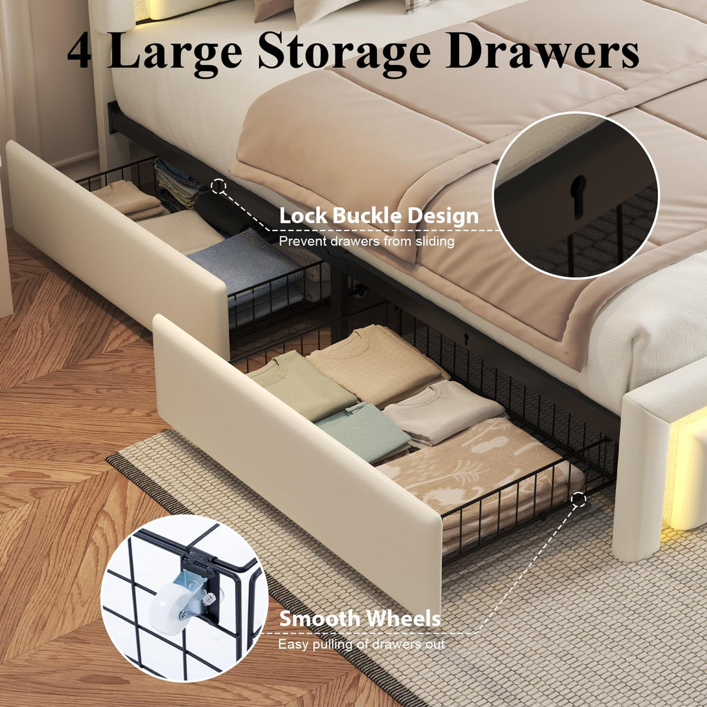 White Upholstered Full Bed Frame with Storage Drawers J9013