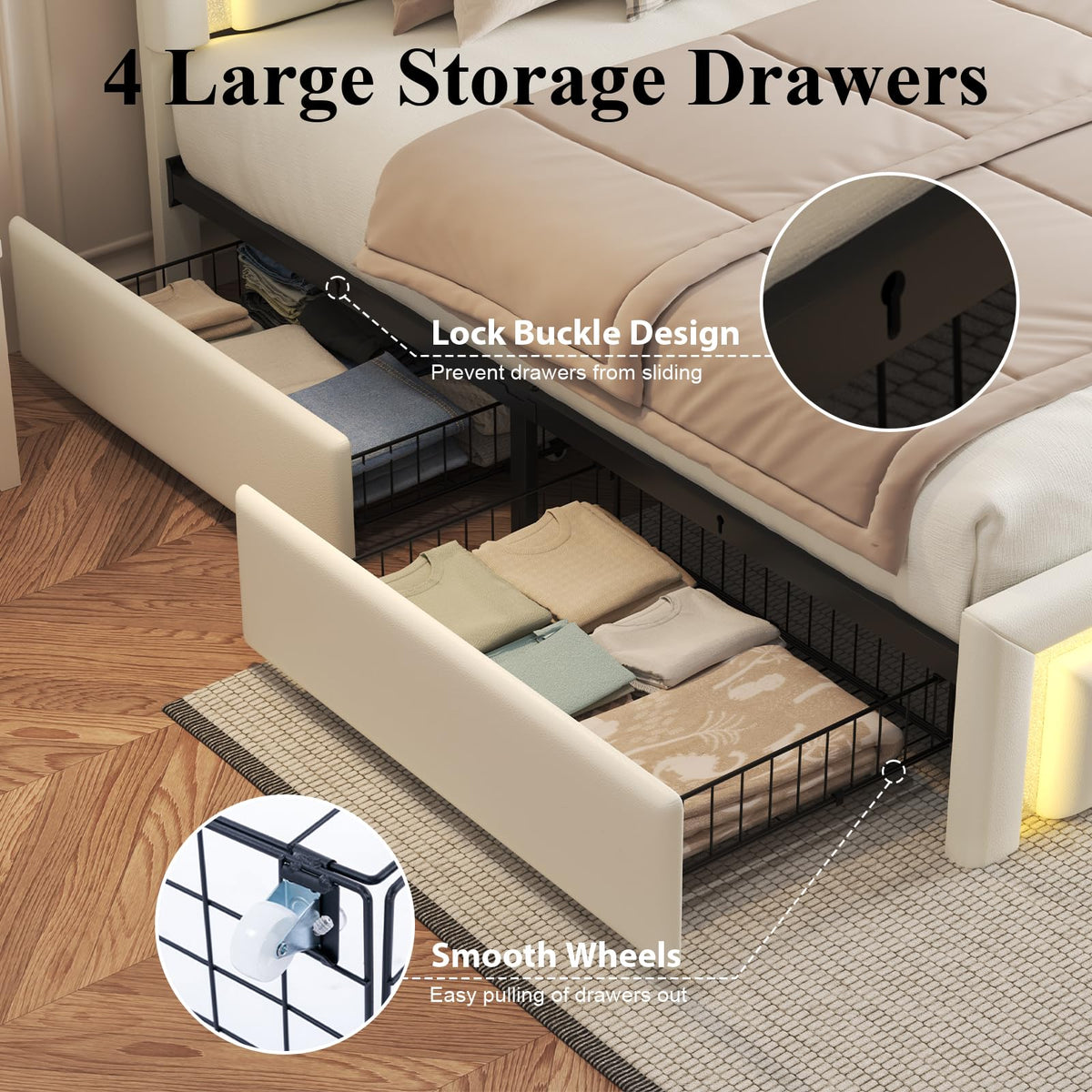 White Upholstered Full Bed Frame with Storage Drawers J9013