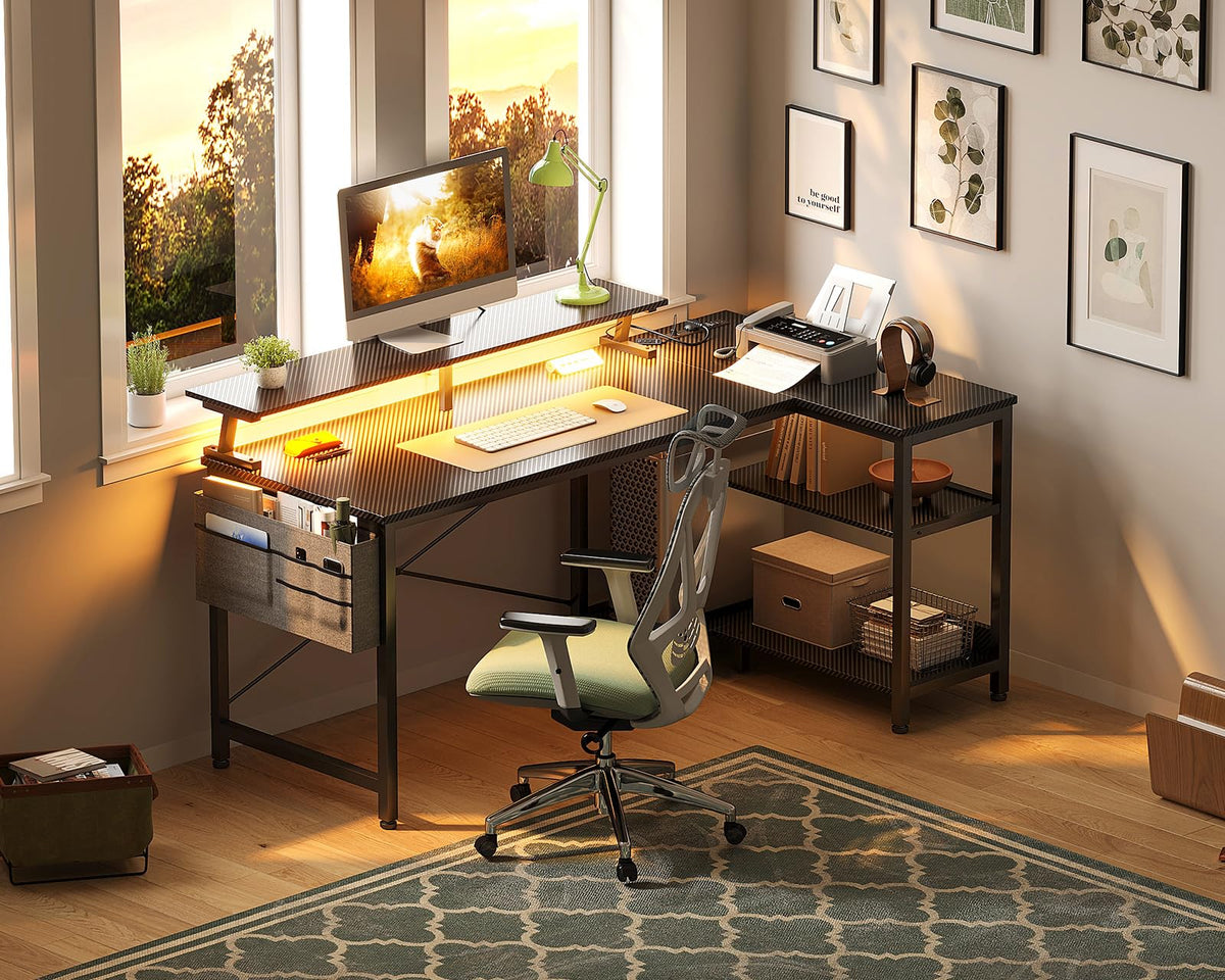 48 Inch L Shaped Gaming Desk with LED Lights and Power Outlets T940144