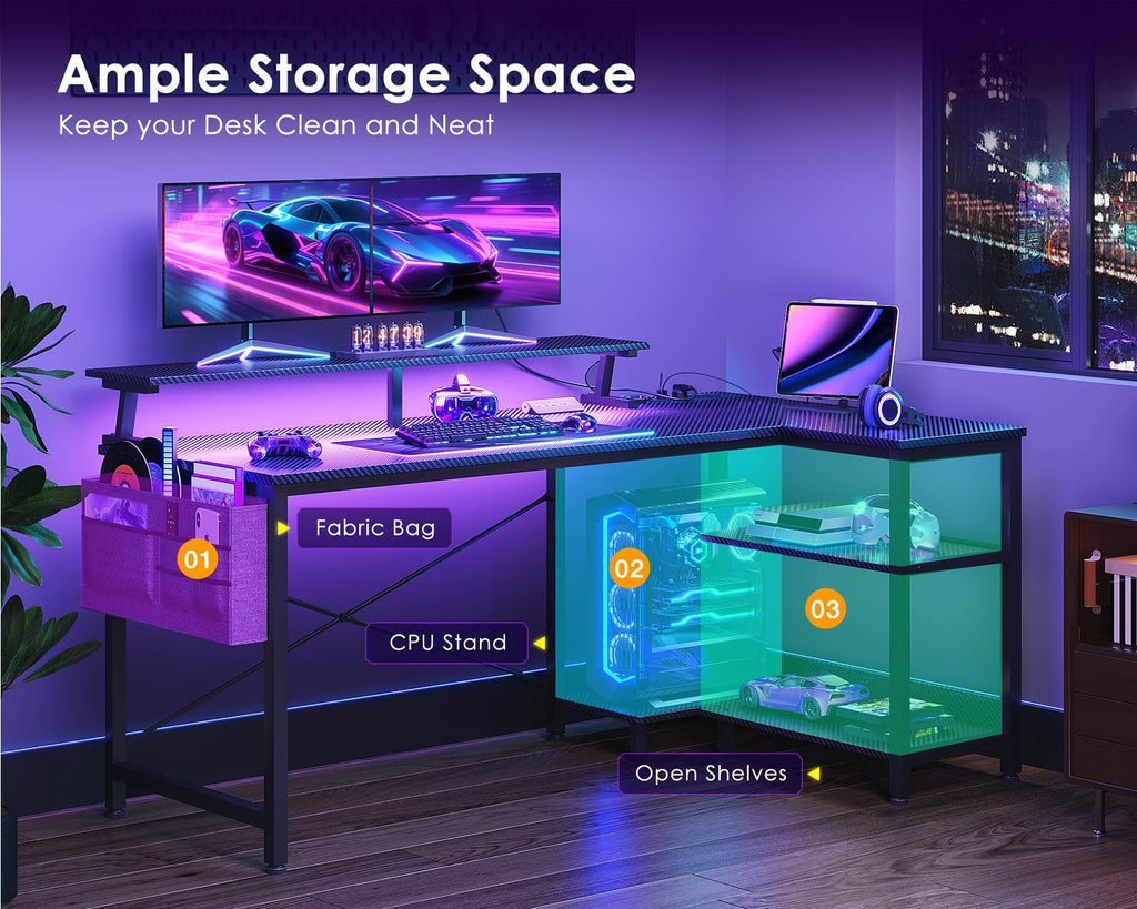 48 Inch L Shaped Gaming Desk with LED Lights and Power Outlets T940144