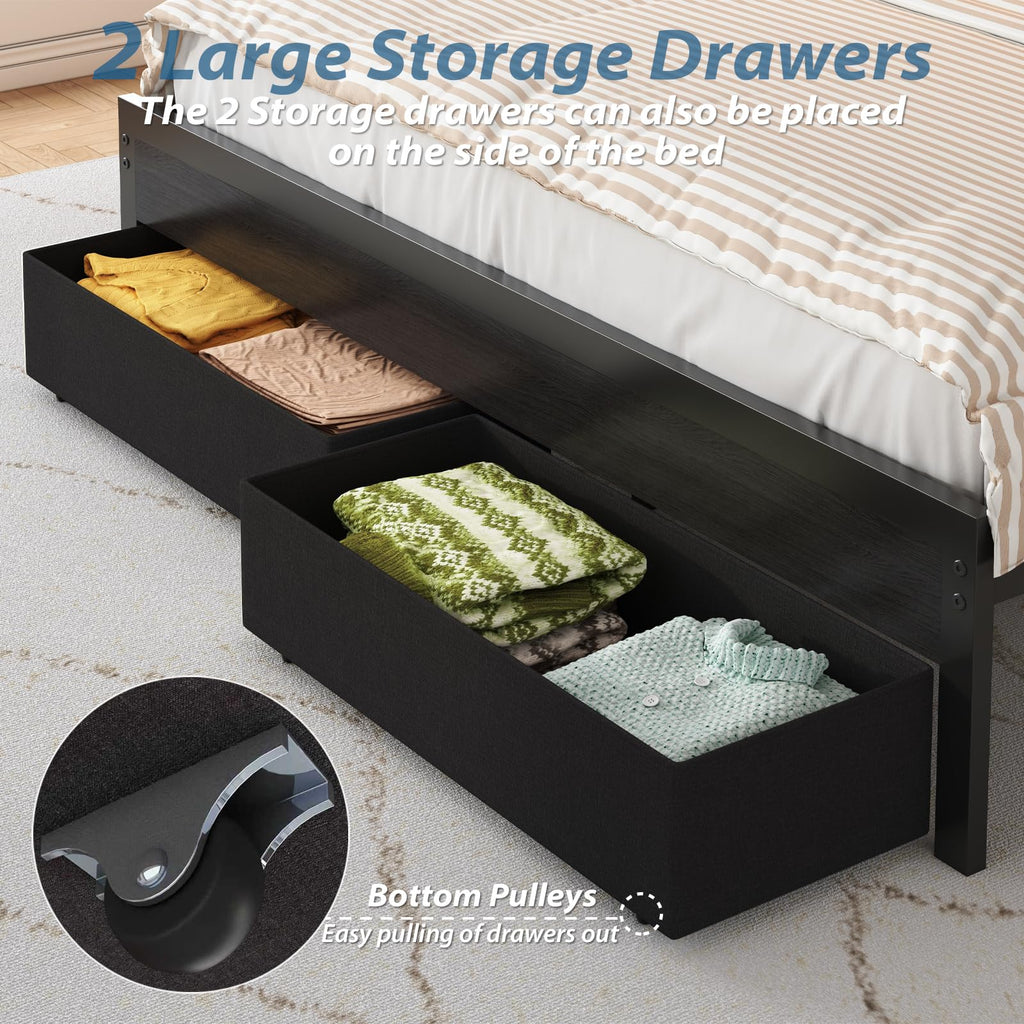 Black Upholstered Bed Frame with Storage Headboard, 4 Drawers, LED Lights, and Charging Station F4680