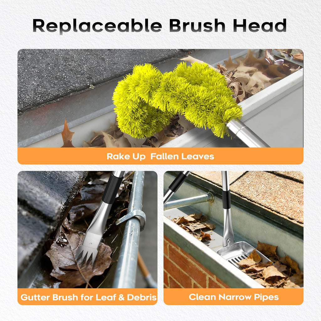 13ft Gutter Cleaning Tools with Replaceable Brush Rake Scoop, 180° Adjustable Angle, Yellow J6773