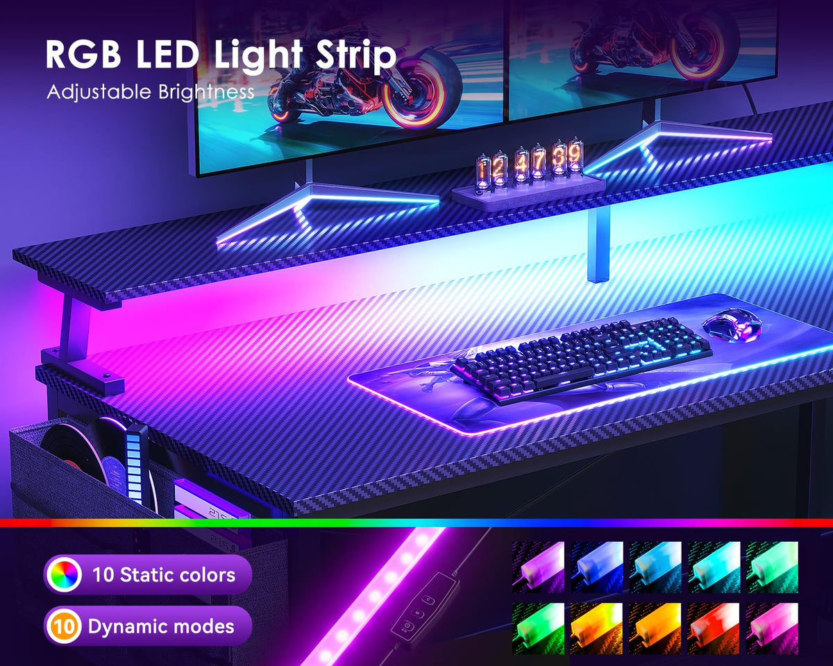 48 Inch L Shaped Gaming Desk with LED Lights and Power Outlets T940144