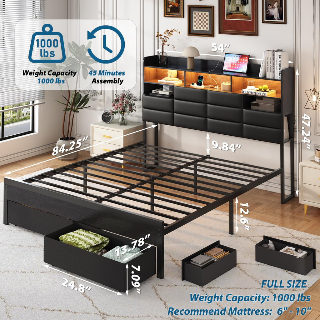 Black Upholstered Bed Frame with Storage Headboard, 4 Drawers, LED Lights, and Charging Station F4680