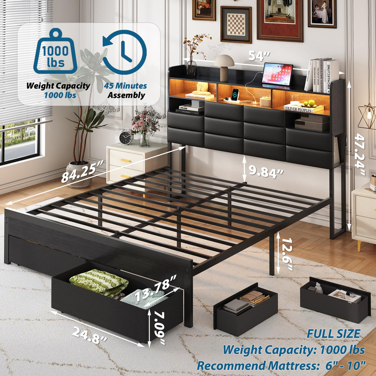 Black Upholstered Bed Frame with Storage Headboard, 4 Drawers, LED Lights, and Charging Station F4680