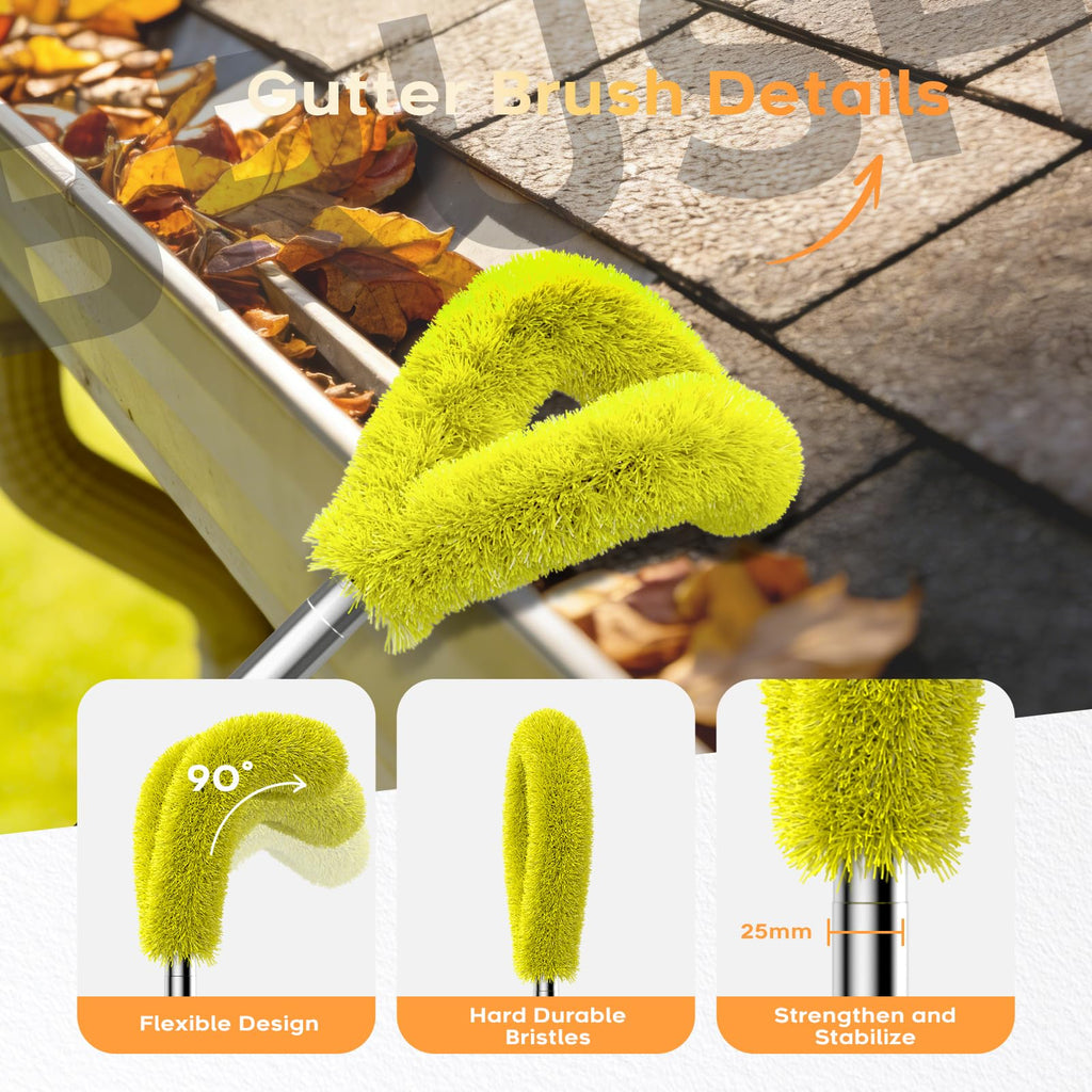 13ft Gutter Cleaning Tools with Replaceable Brush Rake Scoop, 180° Adjustable Angle, Yellow J6773