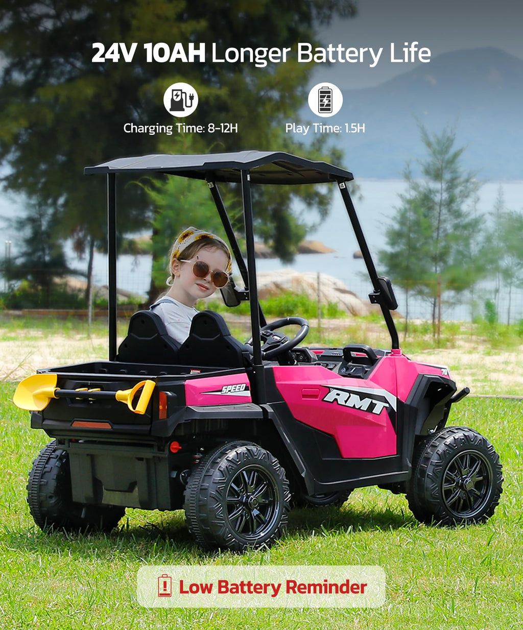 24V 2 Seater Ride on Car with Sun Shade Dump Bed Shovel Hot Pink K490