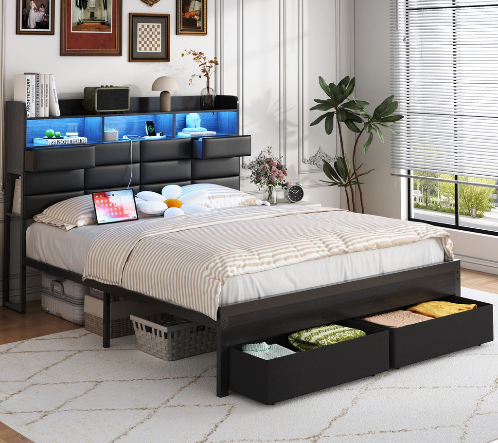 Black Upholstered Bed Frame with Storage Headboard, 4 Drawers, LED Lights, and Charging Station F4680