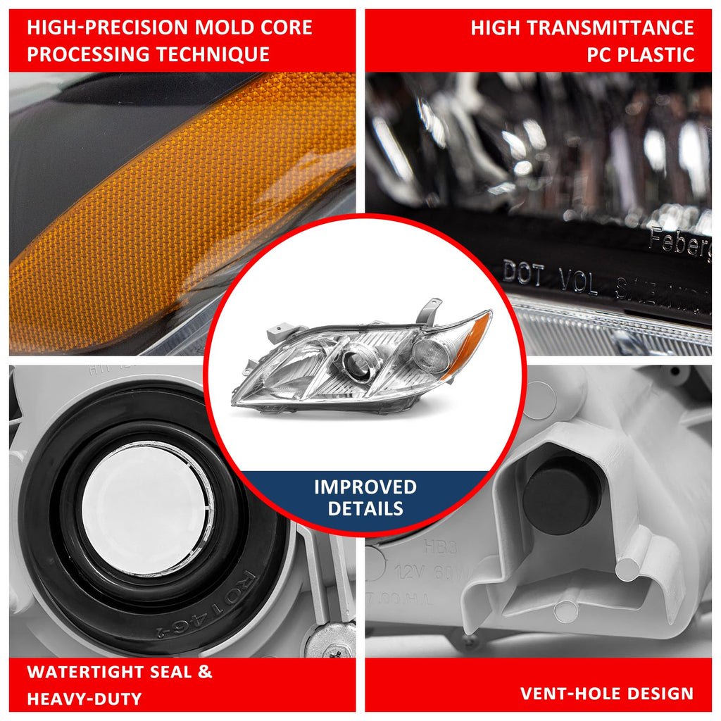 Compatible with 2007-2009 Toyota Camry Headlights Assembly Black Housing Amber Reflectors Left and Right Pairs B84523