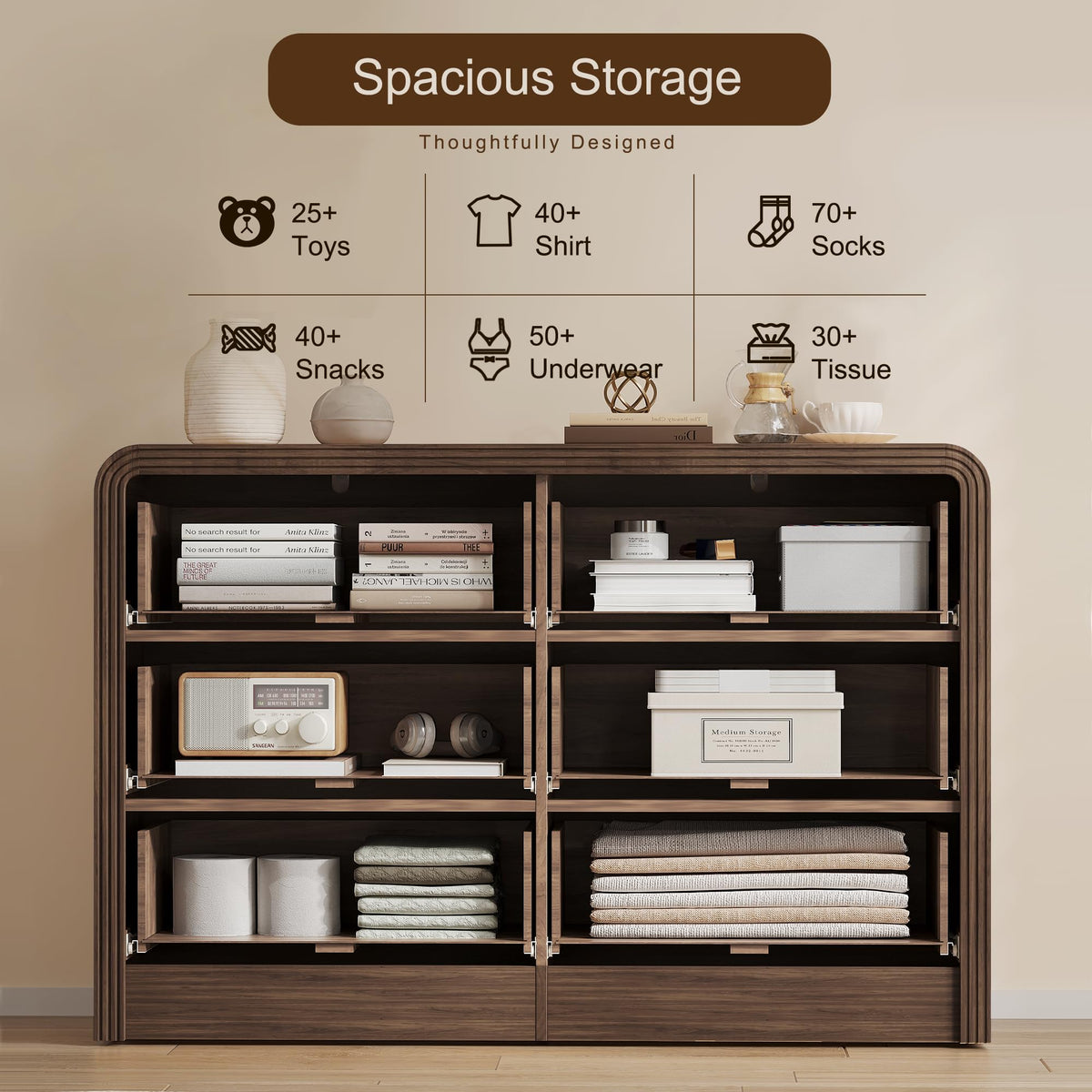 47" Walnut Fluted 6-Drawer Dresser G721