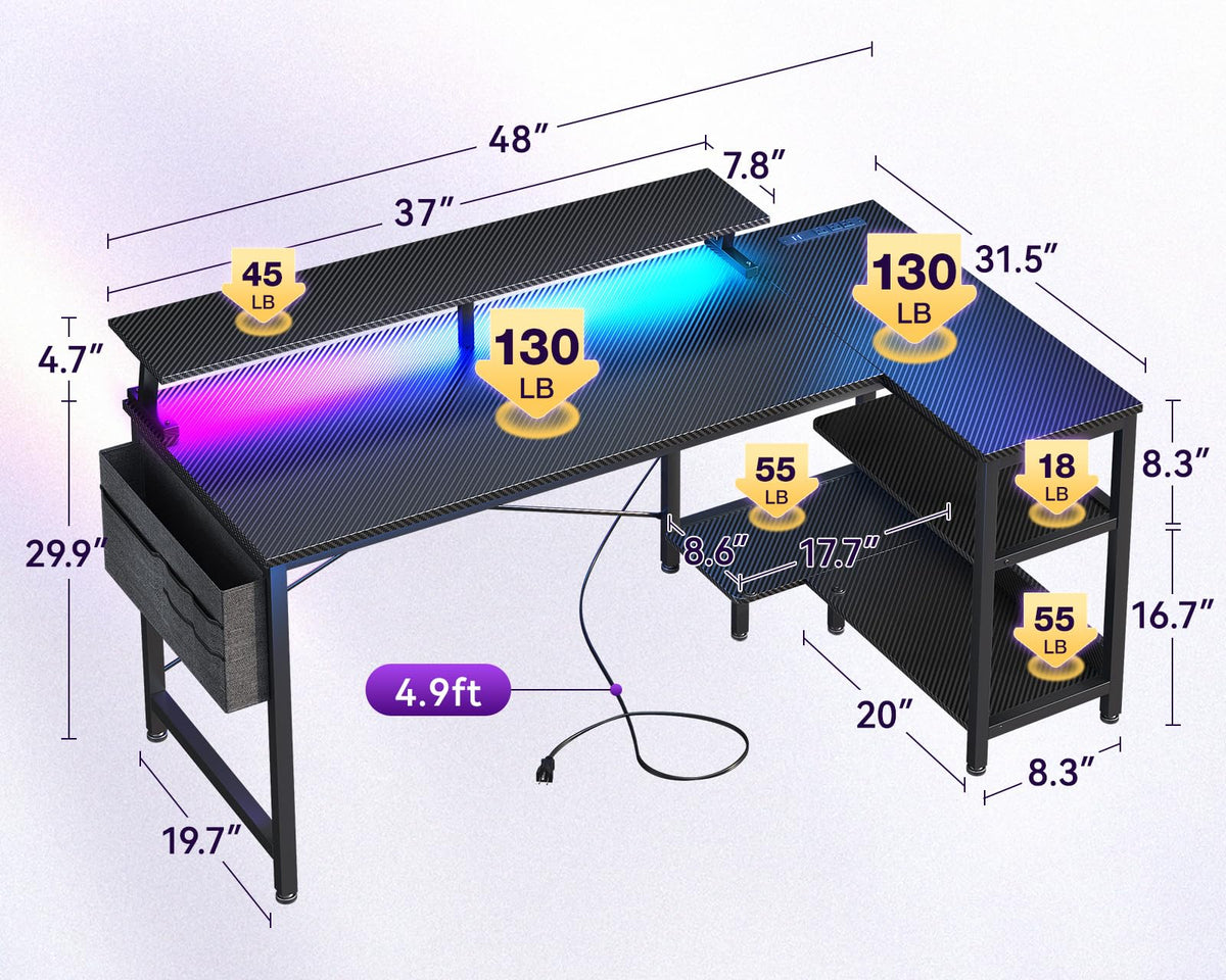 48 Inch L Shaped Gaming Desk with LED Lights and Power Outlets T940144