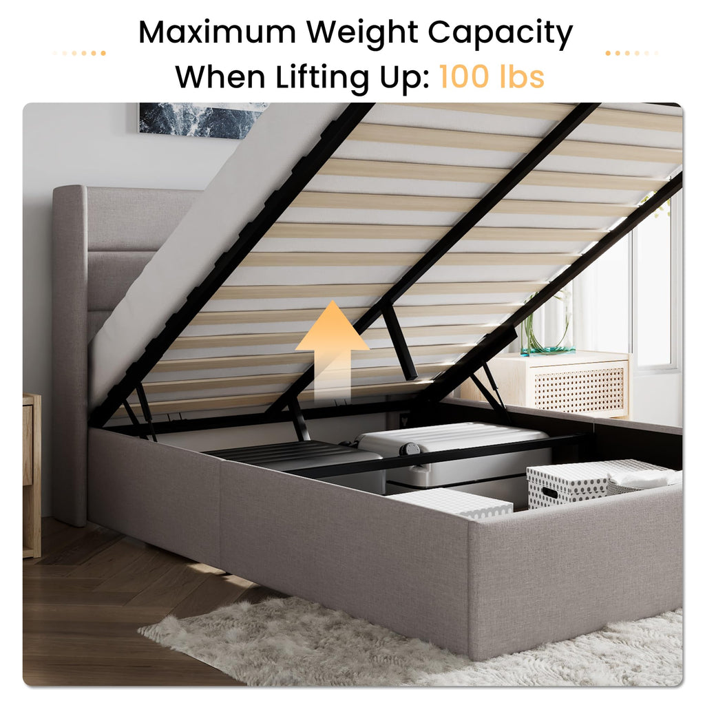Queen Size Lift Up Hydraulic Storage Bed Frame Light Beige D14366