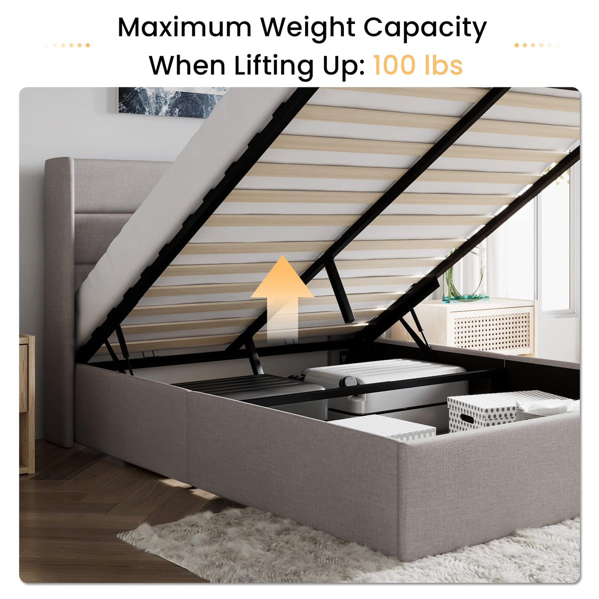 Queen Size Lift Up Hydraulic Storage Bed Frame Light Beige D14366