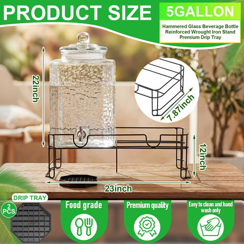 2 Pack 5 Gallon Hammered Glass Drink Dispenser with Stand A2687
