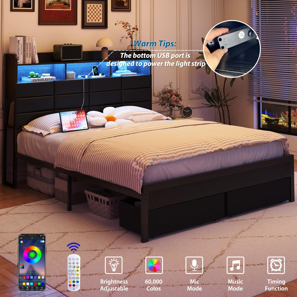 Black Upholstered Bed Frame with Storage Headboard, 4 Drawers, LED Lights, and Charging Station F4680