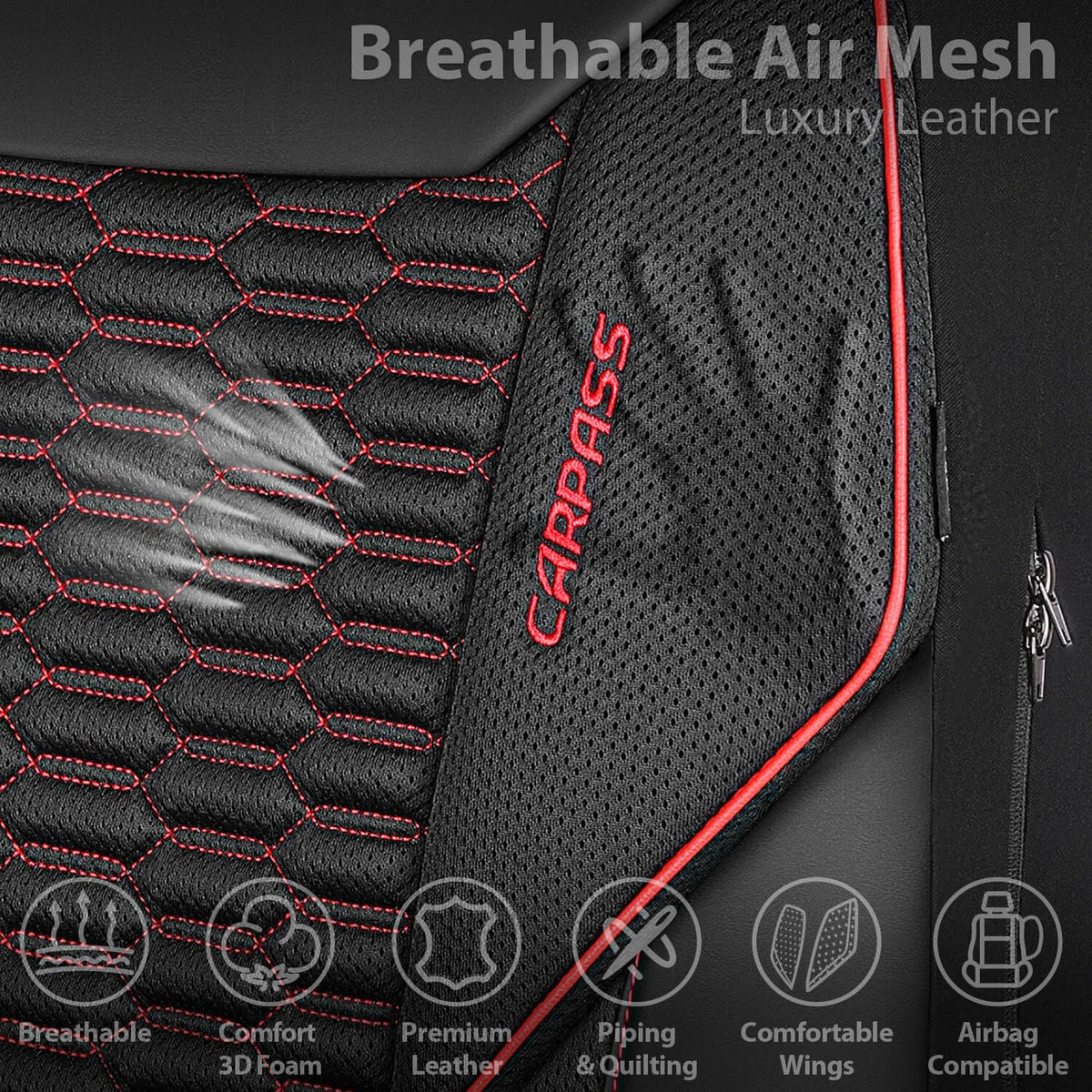 3D Foam Mesh Faux Leather Car Seat Covers Full Set, Black and Red N679